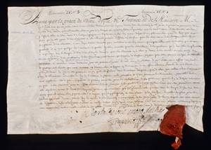 Constitution d'une rente de 1000 Louis accordée par Anne d'Autriche, épouse de Louis XIII. Original en parchemin, signé et scellé, Musée de la civilisation, dépôt du Séminaire de Québec. Photo CCQ